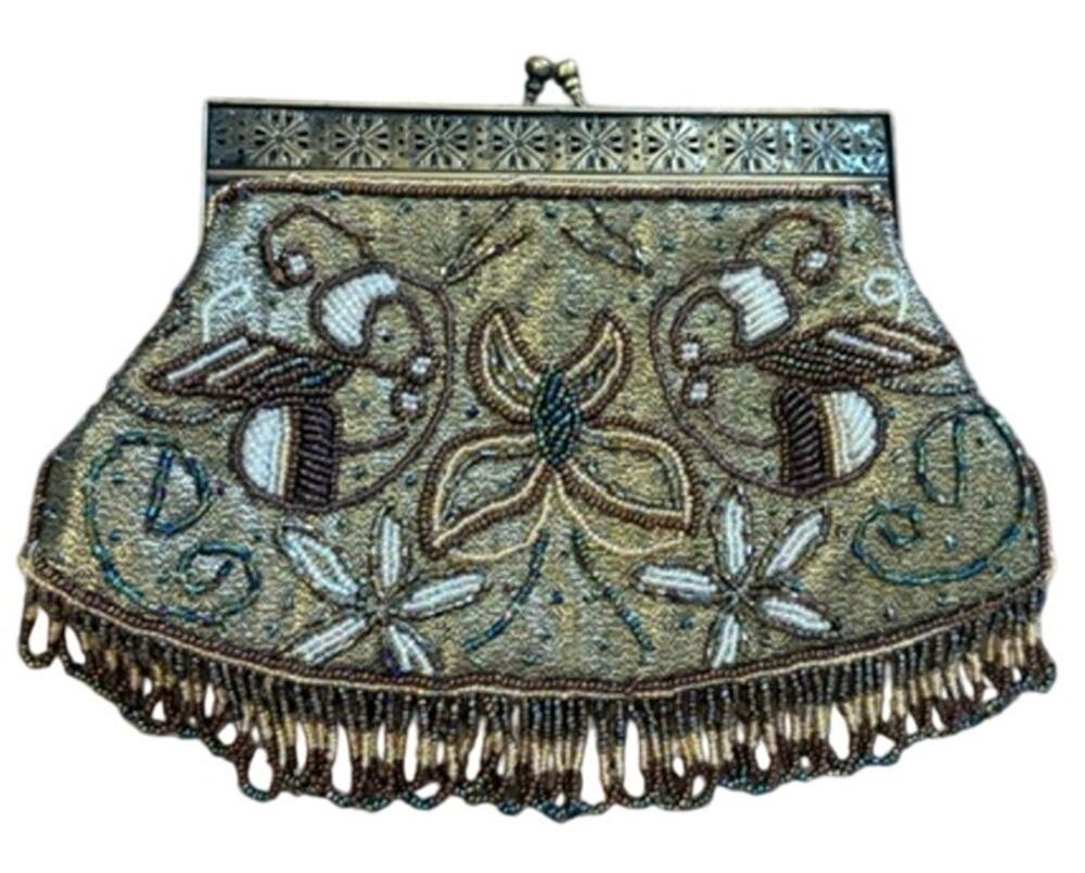Vintage Beaded Bronze Floral Clutch Evening Bag 8" x 6"